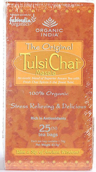 Organic India- The Original Tulsi Chai Masala (An exotic blend of superior Assam Tea with Fresh Chai Spices & the finest Tulsi) 100% Organic Stress Relieving & Delicious, Rich in Antioxidants, 25 Tea Bags - book cover