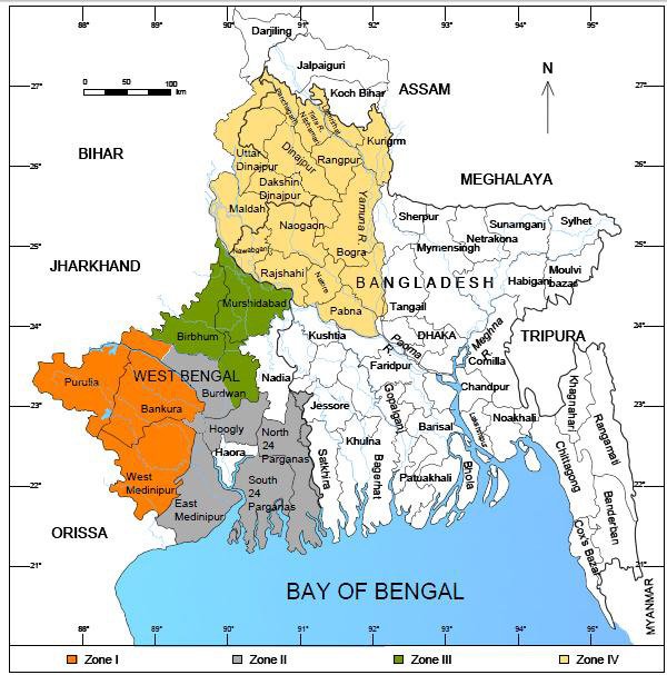 Map showing the four different zones