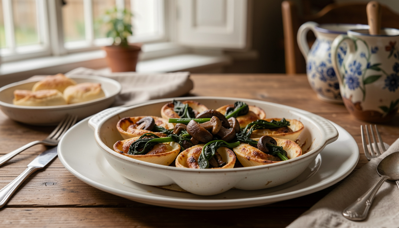 Baked Shells with Earthy Mushrooms and Bitter Greens (recipe and tips)