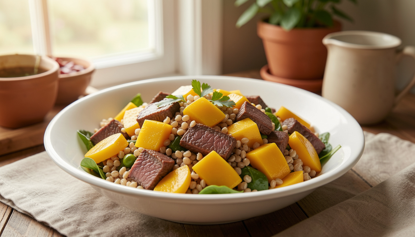 Mango Res Ensalada de Res, Mango y Cebada | Beef, Mango & Barley Salad (Receta y ...