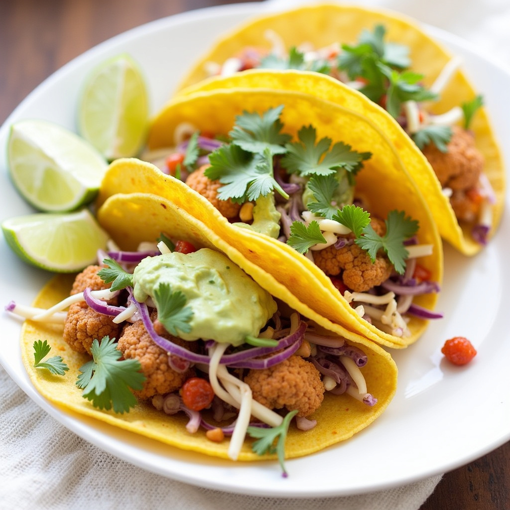 Tacos de Coliflor Crujiente con Ensalada de Repollo y Crema de Aguacate ...